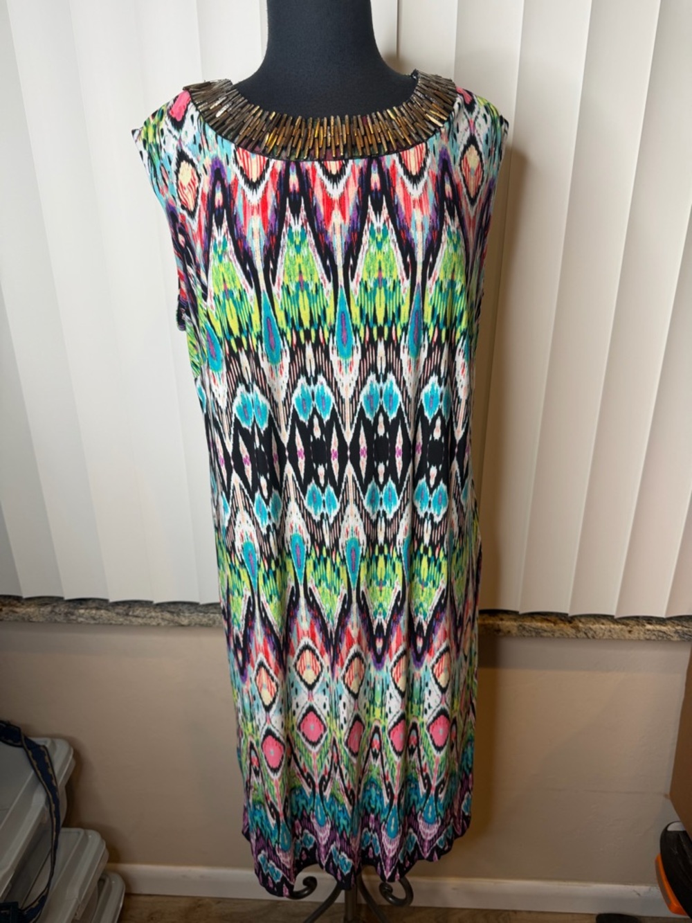 Signature Camryn sleeveless dress jeweled neckline multicolored ikat-style SZ 16